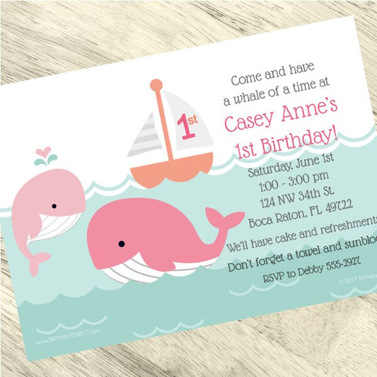 Lil Whale Pink 1st Birthday Invitations Personalized with Envelopes,  5 x 7 inch,  set of 12