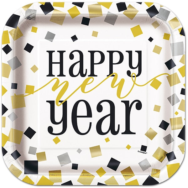 Black, Gold, Silver New Year Dinner Plates,  9 inch,  8 count
