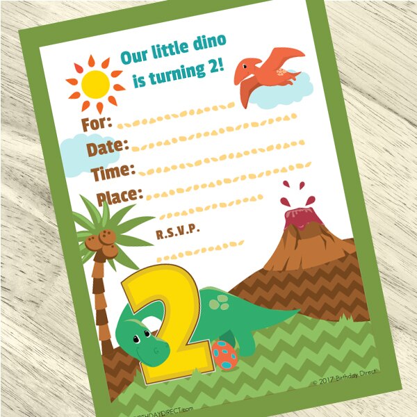 Lil Dinosaur 2nd Birthday Invitations Fill-in with Envelopes,  4 x 6 inch,  set of 16