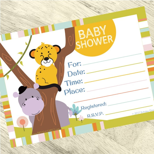 Lion Cub and Hippo Baby Invitations Fill-in with Envelopes,  4 x 6 inch,  set of 16