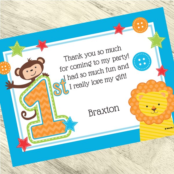 Zoo 1st Birthday Blue Thank You Notes Personalized with Envelopes,  5 x 7 inch,  set of 12