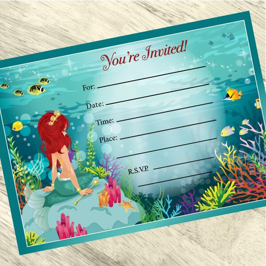 Mermaid Princess Invitations Fill-in with Envelopes,  4 x 6 inch,  set of 16