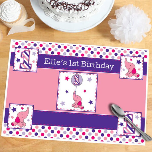 Elephant Dots 1st Pink Birthday Placemats Personalized,  12.5 x 18.5 inch,  set of 8