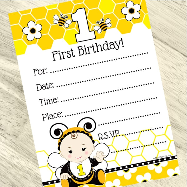 Bumble Bee 1st Birthday Invitations Fill-in with Envelopes,  4 x 6 inch,  set of 16
