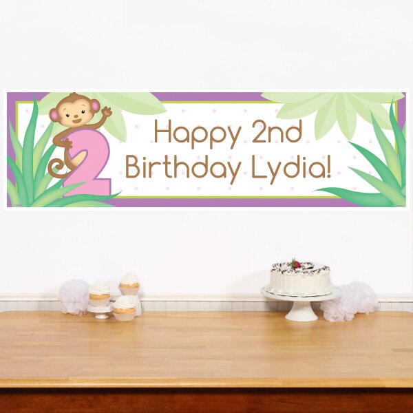 Lil Monkey Pink 2nd Birthday Banners Personalized,  12 x 40 inch,  set of 2