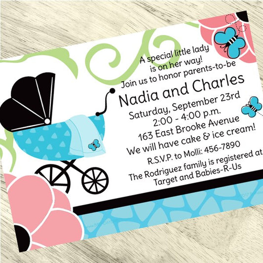 Butterfly Baby Shower Invitations Personalized with Envelopes,  5 x 7 inch,  set of 12