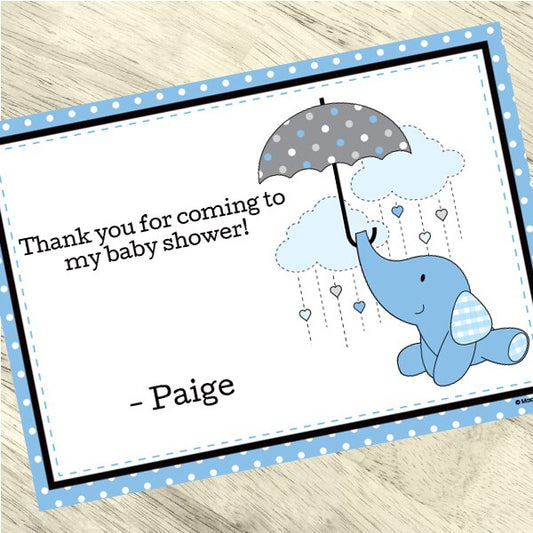 Elephant Baby Shower Blue Thank You Notes Personalized with Envelopes,  5 x 7 inch,  set of 12