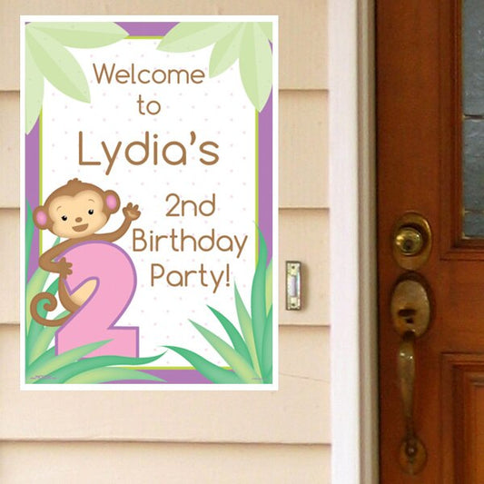 Lil Monkey Pink 2nd Birthday Door Greeter Personalized,  12.5 x 18.5 inch,  set of 3