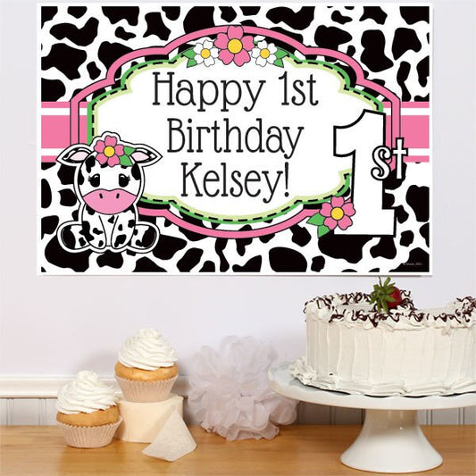 Cow Lil Calf Pink 1st Birthday Party Poster Personalized,  12.5 x 18.5 inch,  set of 3