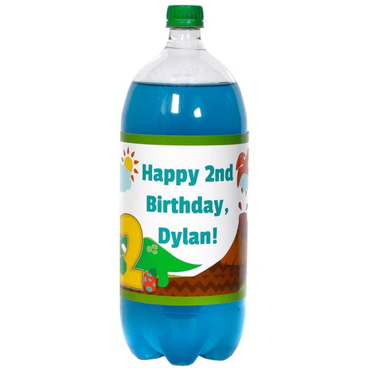 Lil Dinosaur 2nd Birthday Bottle Labels Personalized 2-liter Soda,  5 x 15 inch,  set of 8