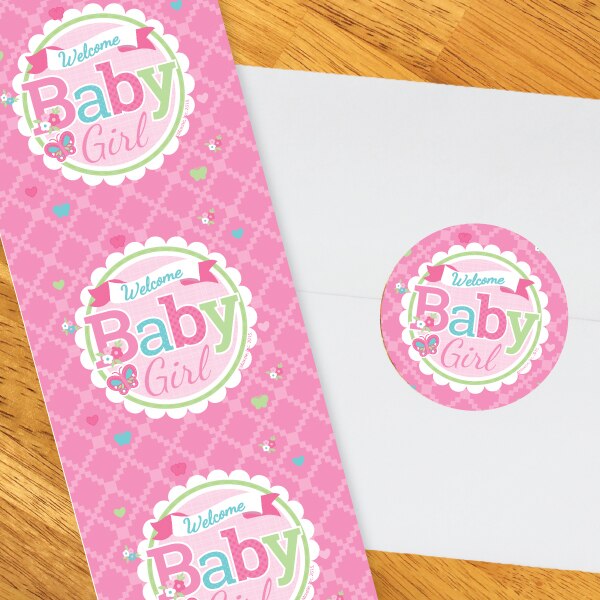 Welcome Baby Shower Girl Circle Stickers,  2 inch,  set of 60