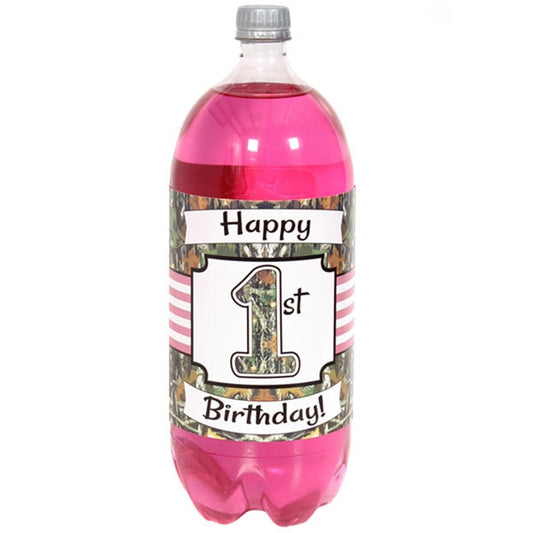 Pink Camo 1st Birthday Bottle Labels 2-liter Soda,  5 x 15 inch,  set of 8
