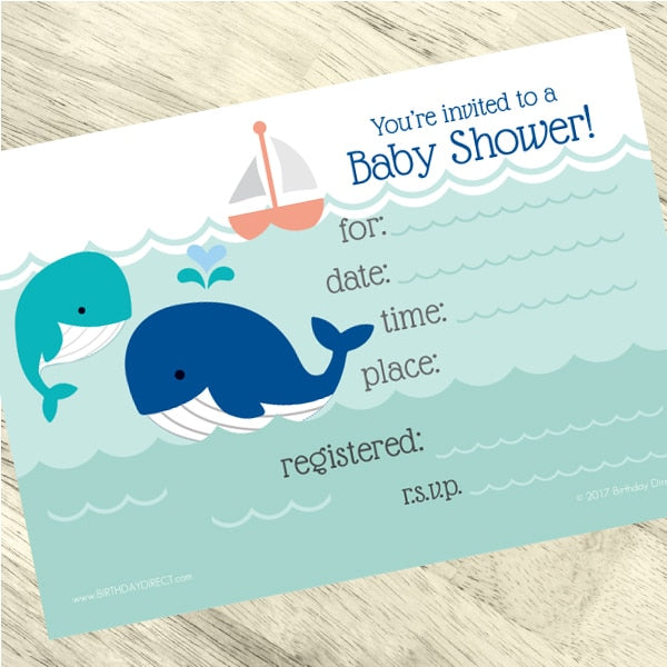 Lil Whale Blue Invitations Fill-in with Envelopes,  4 x 6 inch,  set of 16