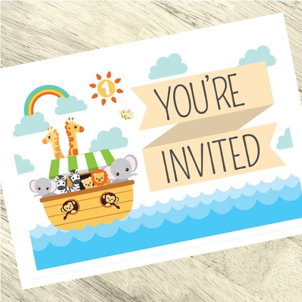 Lil Noah's Ark 1st Birthday Invitations Fill-in with Envelopes,  4 x 6 inch,  set of 16