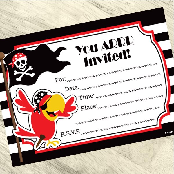 Pirate Parrot Invitations Fill-in with Envelopes,  4 x 6 inch,  set of 16