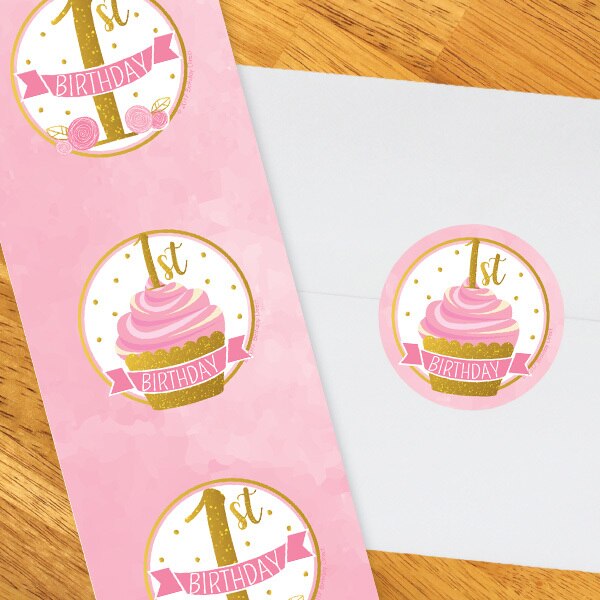 Pink and Gold 1st Birthday Circle Stickers,  2 inch,  set of 60