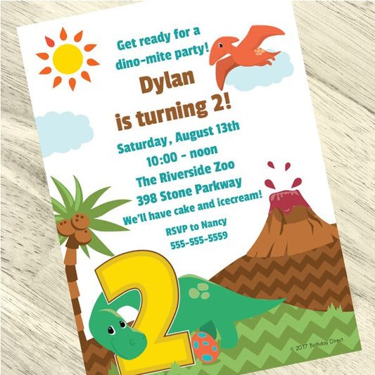Lil Dinosaur 2nd Birthday Invitations Personalized with Envelopes,  5 x 7 inch,  set of 12