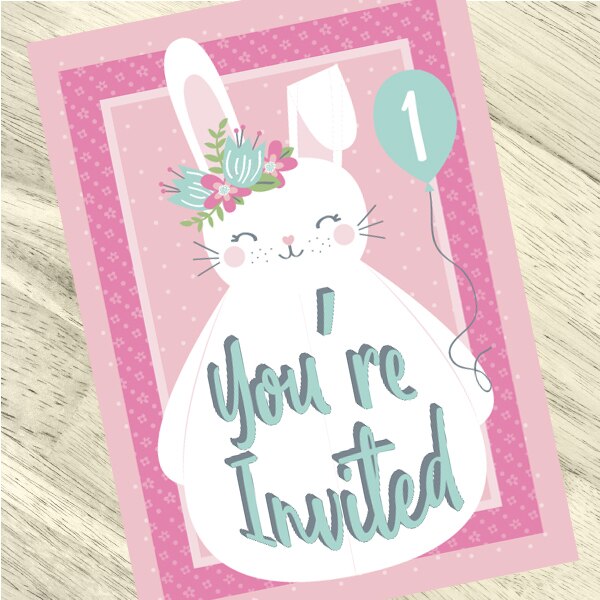 Lil Bunny 1st Birthday Invitations Fill-in with Envelopes,  4 x 6 inch,  set of 16