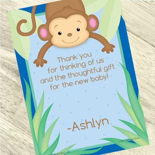Monkey Baby Shower Thank You Notes Personalized with Envelopes,  5 x 7 inch,  set of 12