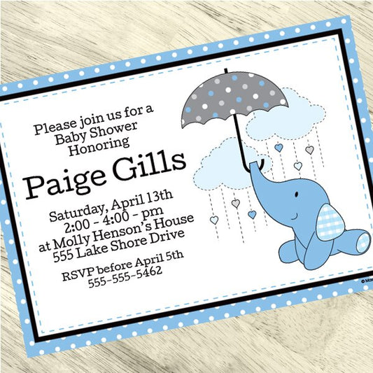 Elephant Baby Shower Blue Invitations Personalized with Envelopes,  5 x 7 inch,  set of 12