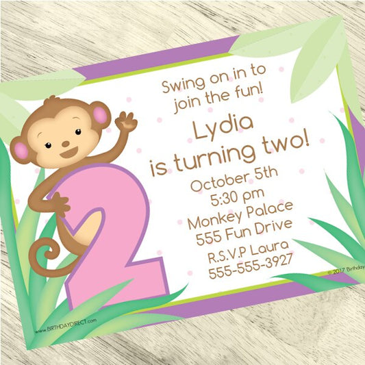 Lil Monkey Pink 2nd Birthday Invitations Personalized with Envelopes,  5 x 7 inch,  set of 12