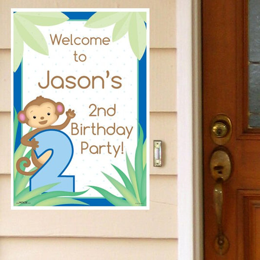 Lil Monkey Blue 2nd Birthday Door Greeter Personalized,  12.5 x 18.5 inch,  set of 3