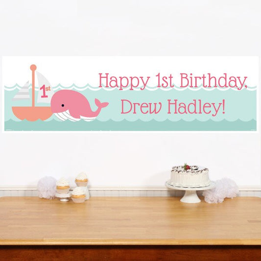 Lil Whale Pink 1st Birthday Banners Personalized,  12 x 40 inch,  set of 2