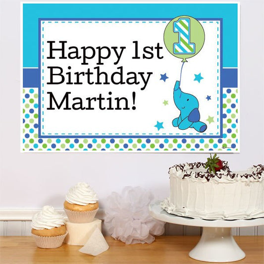 Elephant Dots 1st Blue Birthday Party Poster Personalized,  12.5 x 18.5 inch,  set of 3