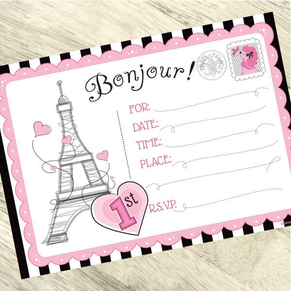 Paris 1st Birthday Invitations Fill-in with Envelopes,  4 x 6 inch,  set of 16