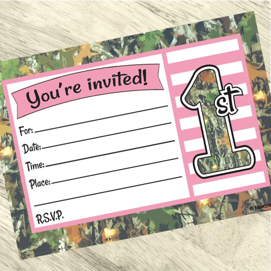 Pink Camo 1st Birthday Invitations Fill-in with Envelopes,  4 x 6 inch,  set of 16