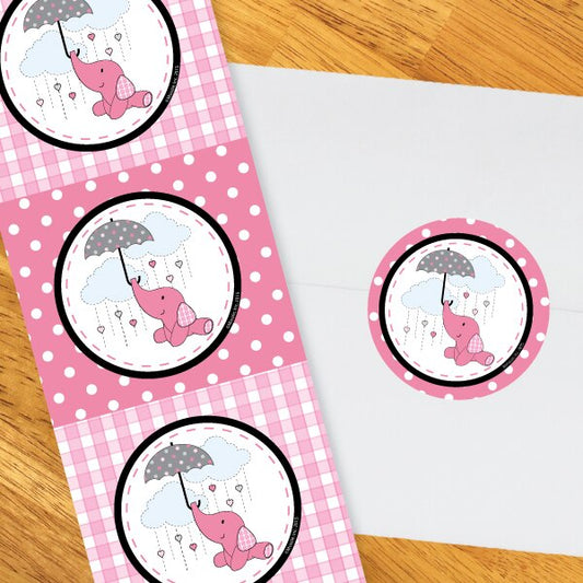 Elephant Baby Shower Pink Circle Stickers,  2 inch,  set of 60