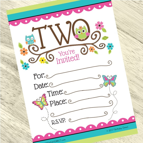 Lil Owl 2nd Birthday Invitations Fill-in with Envelopes,  4 x 6 inch,  set of 16