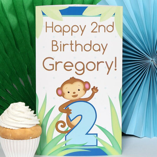 Lil Monkey Blue 2nd Birthday Personalized Centerpiece,  10 inch,  set of 4