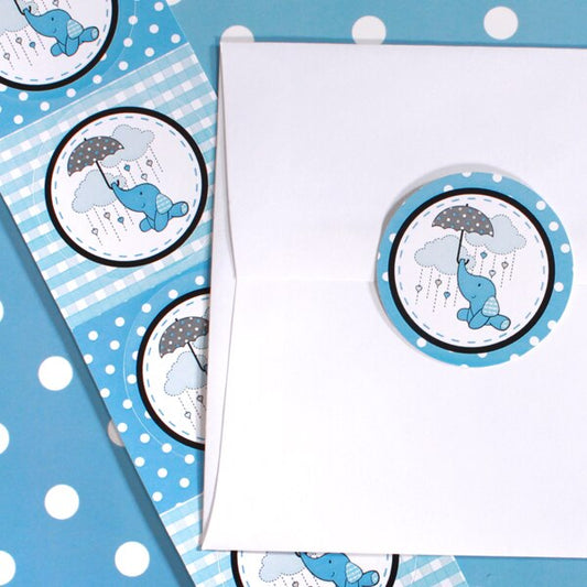 Elephant Baby Shower Blue Circle Stickers,  2 inch,  set of 60