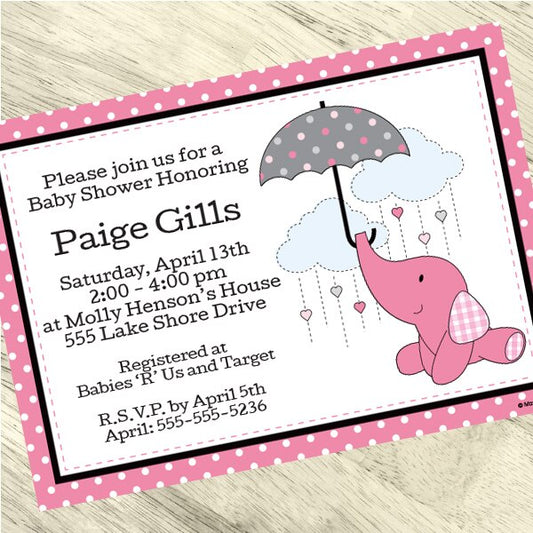 Elephant Baby Shower Pink Invitations Personalized with Envelopes,  5 x 7 inch,  set of 12