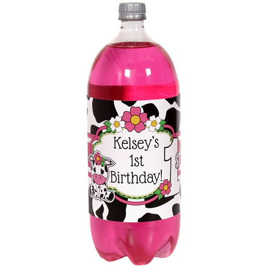 Cow Lil Calf Pink 1st Birthday Bottle Labels Personalized 2-liter Soda,  5 x 15 inch,  set of 8