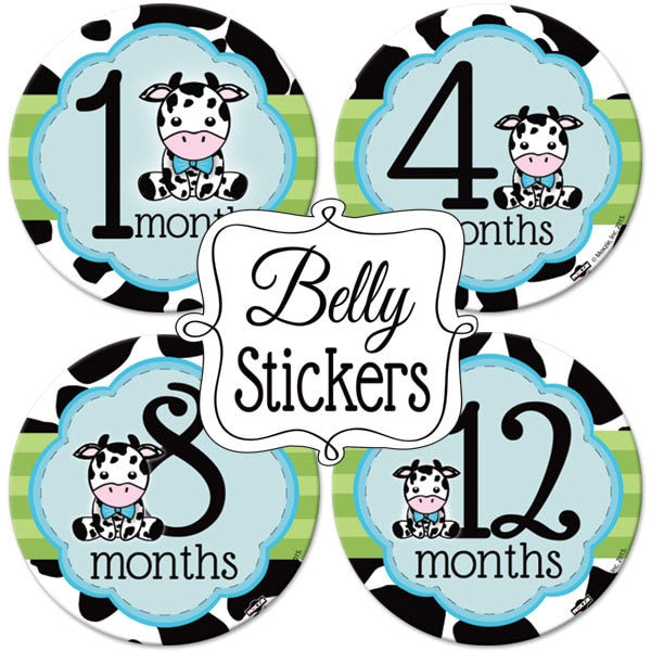 Cow Lil Calf Blue Baby 1st Year Large Stickers,  4 inch diameter,  set of 12