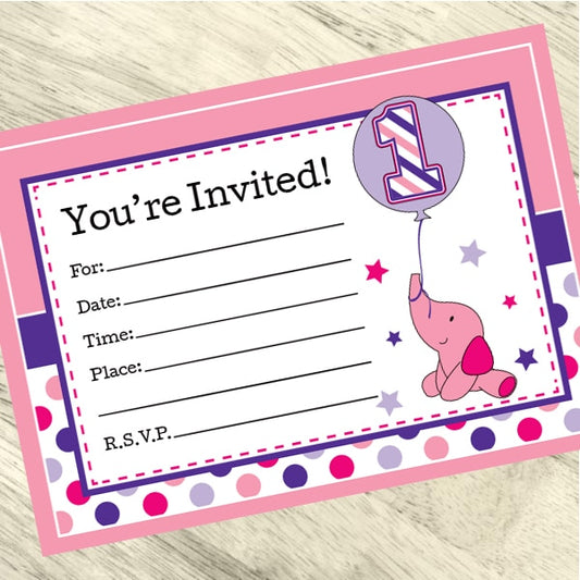 Elephant Dots 1st Pink Birthday Invitations Fill-in with Envelopes,  4 x 6 inch,  set of 16