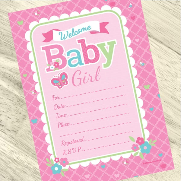 Welcome Baby Shower Girl Invitations Fill-in with Envelopes,  4 x 6 inch,  set of 16