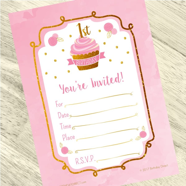 Pink and Gold 1st Birthday Invitations Fill-in with Envelopes,  4 x 6 inch,  set of 16