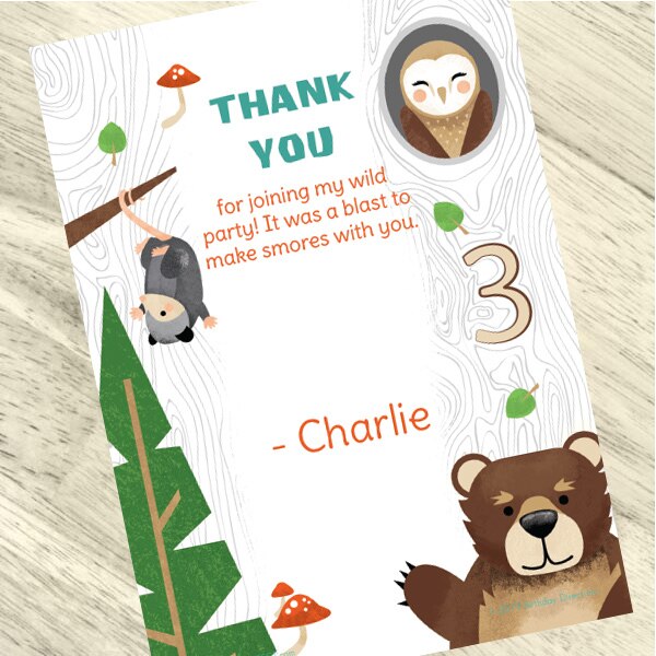 Wild Woodland 3rd Birthday Thank You Notes Personalized with Envelopes,  5 x 7 inch,  set of 12