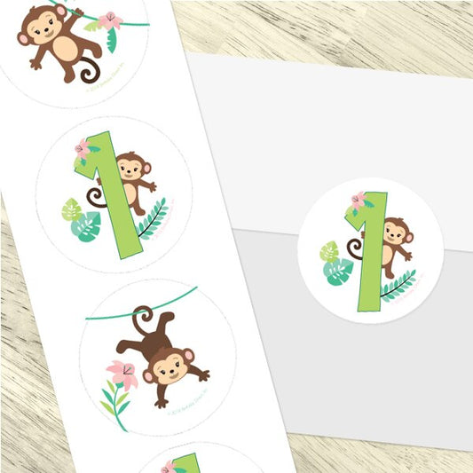 Lil Monkey 1st Birthday Circle Stickers,  2 inch,  set of 60