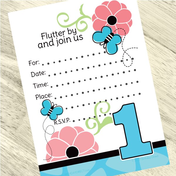 Butterfly 1st Birthday Invitations Fill-in with Envelopes,  4 x 6 inch,  set of 16