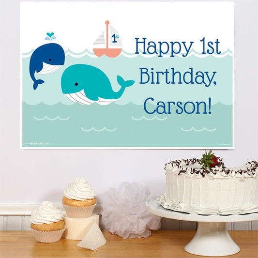 Lil Whale Blue 1st Birthday Party Poster Personalized,  12.5 x 18.5 inch,  set of 3