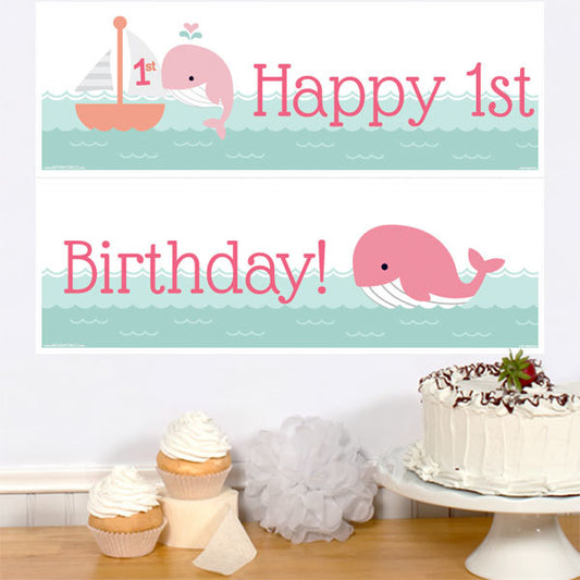 Lil Whale Pink 1st Birthday 2 Piece Banner,  6 x 37 inch,  3 sets of 2