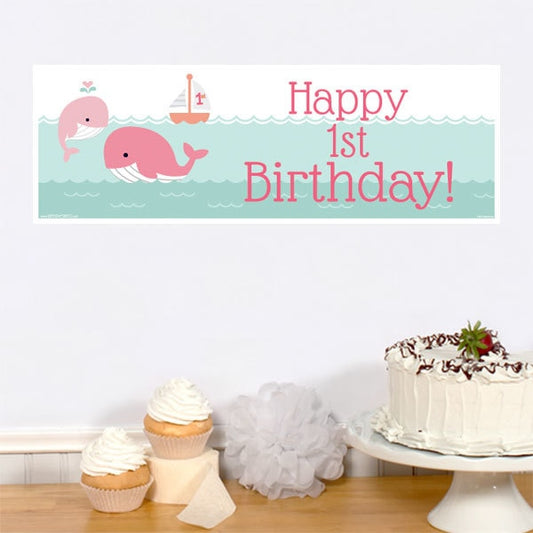 Lil Whale Pink 1st Birthday Tiny Banners,  6 x 18.5 inch,  set of 8
