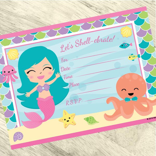 Lil Mermaid Invitations Fill-in with Envelopes,  4 x 6 inch,  set of 16