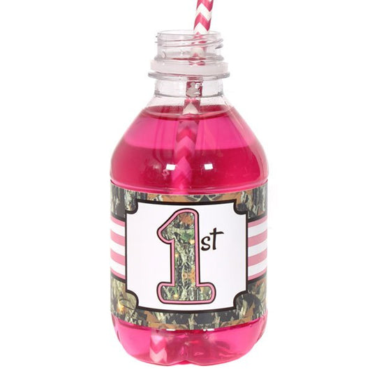Pink Camo 1st Birthday Bottle Labels Fits Water or Beverage,  2 x 9 inch,  set of 32