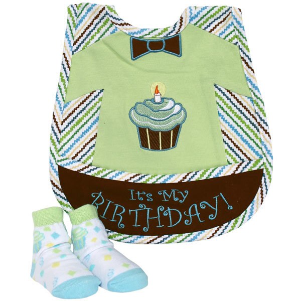 Blue Cupcake Birthday Bib and Sock Set 6-12 mos