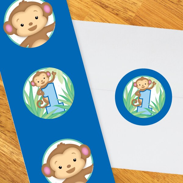 Lil Monkey Blue 1st Birthday Circle Stickers,  2 inch,  set of 60